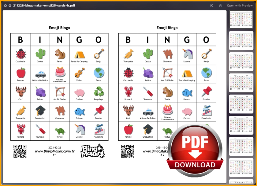 cartes bingo avec emoji